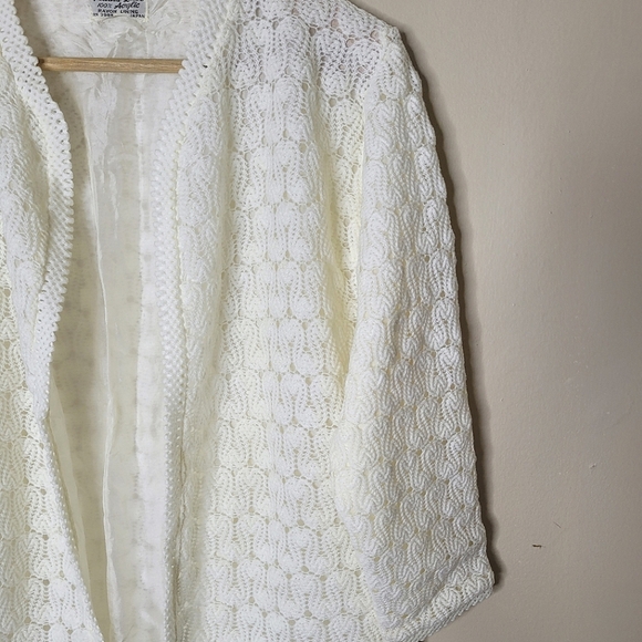 Vintage 60s Vienna Lace Open Front Cardigan S Ivory Acrylic Made In Japan - Picture 3 of 7